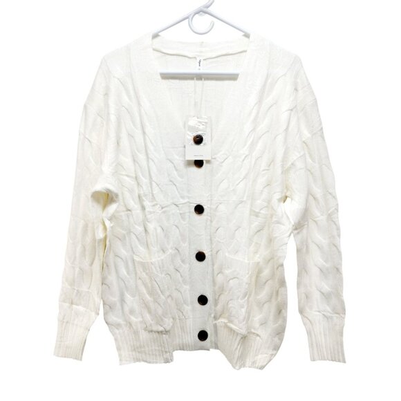 Cable Knit Button-Up Cardigan Sweater Pockets Womens Size 16W Neyook Soft White - Picture 2 of 13